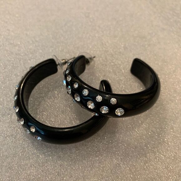 Large Huggie Hoop black Rhinestone Earrings - Picture 4 of 8